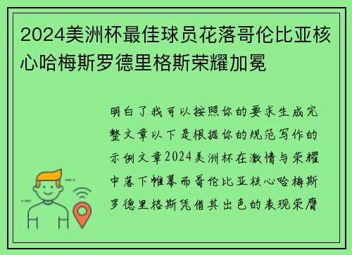 2024美洲杯最佳球员花落哥伦比亚核心哈梅斯罗德里格斯荣耀加冕 2024美洲杯最佳球员花落哥伦比亚核心哈梅斯罗德里格斯荣耀加冕