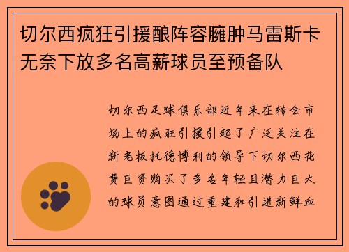 切尔西疯狂引援酿阵容臃肿马雷斯卡无奈下放多名高薪球员至预备队 切尔西疯狂引援酿阵容臃肿马雷斯卡无奈下放多名高薪球员至预备队